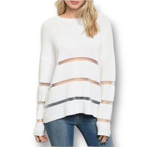 Forever 21 M White Knit Sweater Sheer Cutout Striped Pullover Y2K Streetwear